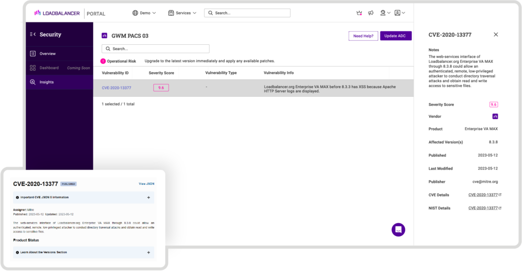 screenshot of Loadbalancer ADC Portal